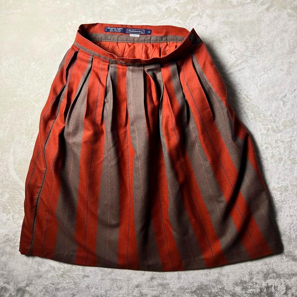Vintage Long Wool Skirt Women's 6 Academia Striped Reddish Brown Cottage Flare